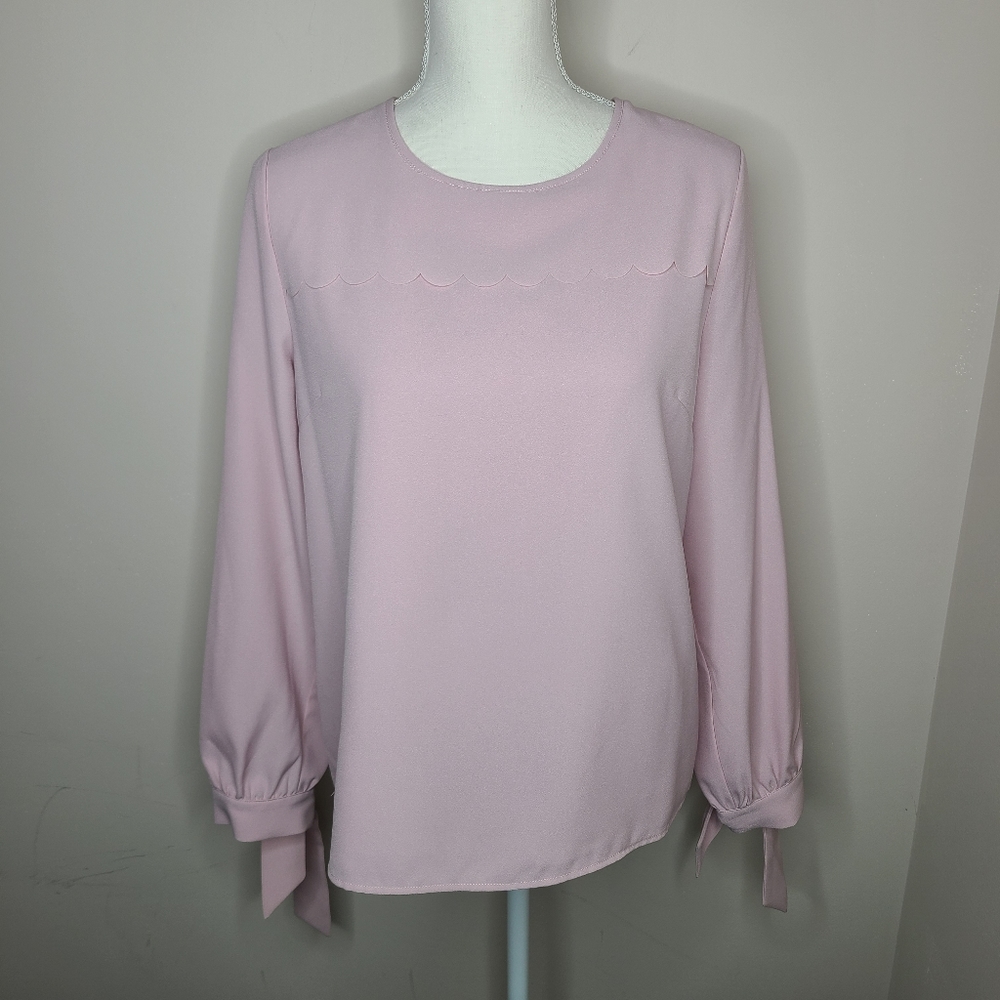 Rachel‎ Parcell Rosewater Blouse Top M Dusty Rose Pink Scalloped Tie-Cuff Top